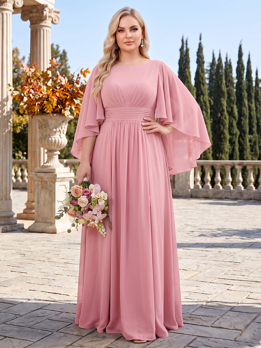 A-Line/Princess Scoop 3/4 Sleeves Chiffon Floor-Length Plus Size Bridesmaid Dresses with Pleats & Ruffles