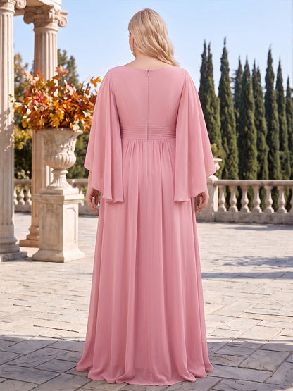 A-Line/Princess Scoop 3/4 Sleeves Chiffon Floor-Length Plus Size Bridesmaid Dresses with Pleats & Ruffles