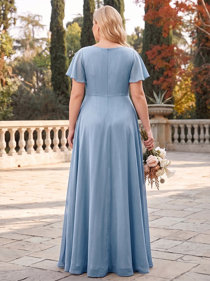 A-Line/Princess V-Neck Short Sleeves Chiffon Floor-Length Plus Size Bridesmaid Dresses with Pleats & Ruffles