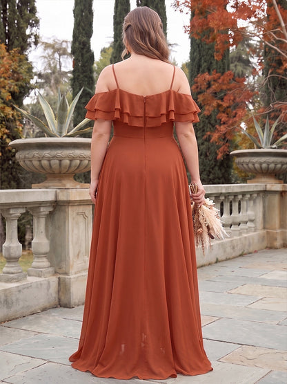 A-Line/Princess Cold Shoulder Short Sleeves Chiffon Floor-Length Plus Size Bridesmaid Dresses with Ruffles & Split Side