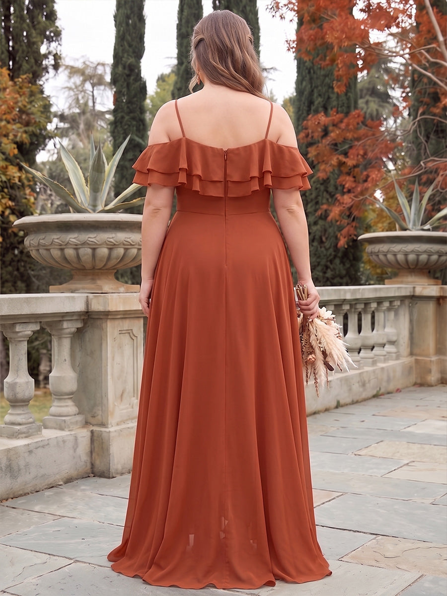 A-Line/Princess Cold Shoulder Short Sleeves Chiffon Floor-Length Plus Size Bridesmaid Dresses with Ruffles & Split Side