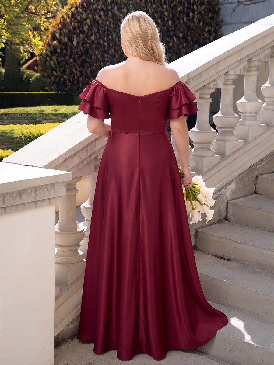 A-Line/Princess Off-the-Shoulder Short Sleeves Satin Floor-Length Plus Size Bridesmaid Dresses with Ruffles & Split Side
