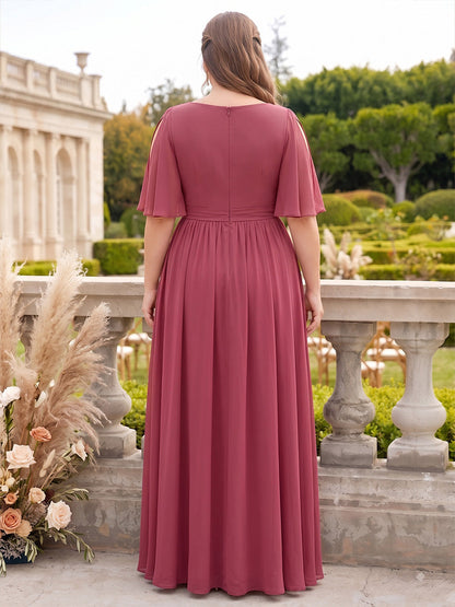 A-Line/Princess V-Neck Half Sleeves Chiffon Floor-Length Plus Size Bridesmaid Dresses with Ruffles & Split Side