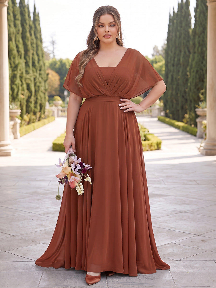 A-Line/Princess V-Neck Half Sleeves Chiffon Floor-Length Plus Size Bridesmaid Dresses with Pleats & Ruffles