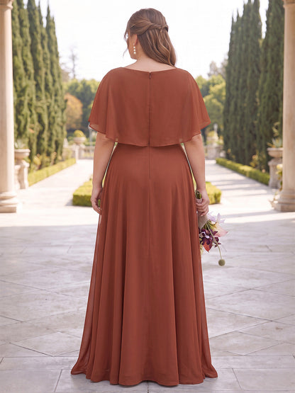 A-Line/Princess V-Neck Half Sleeves Chiffon Floor-Length Plus Size Bridesmaid Dresses with Pleats & Ruffles