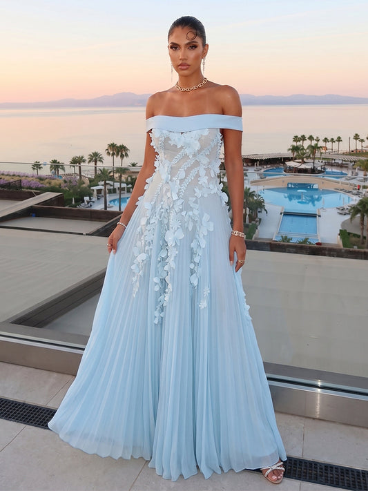 A-Line/Princess Off-The-Shoulder Sleeveless Floor-Length Evening Dresses with 3D Floral & Pleated