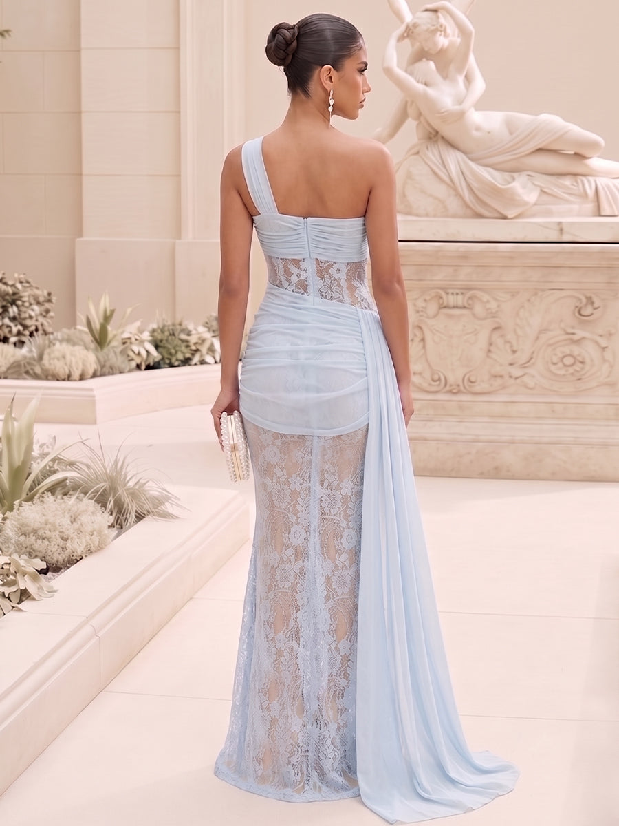 Trumpet/Mermaid One-Shoulder Sleeveless Long Evening Dresses with Ruched & Lace