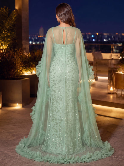 Sheath/Column Spaghetti Straps Sleeveless Lace Floor-Length Evening Dresses with Sequins & Appliques