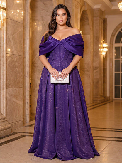 A-Line/Princess Off-the-Shoulder Short Sleeves Sequin Floor-Length Plus Size Evening Dresses with Sequins
