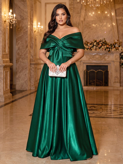 A-Line/Princess Off-the-Shoulder Short Sleeves Satin Floor-Length Plus Size Evening Dresses with 3D Flower & Sequins