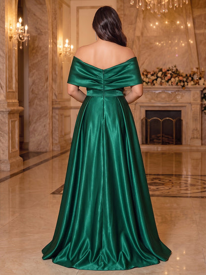 A-Line/Princess Off-the-Shoulder Short Sleeves Satin Floor-Length Plus Size Evening Dresses with 3D Flower & Sequins