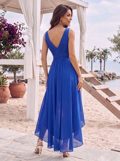 A-Line/Princess V-Neck Sleeveless Asymmetrical Bridesmaid Dresses With Pleats & Rhinestone