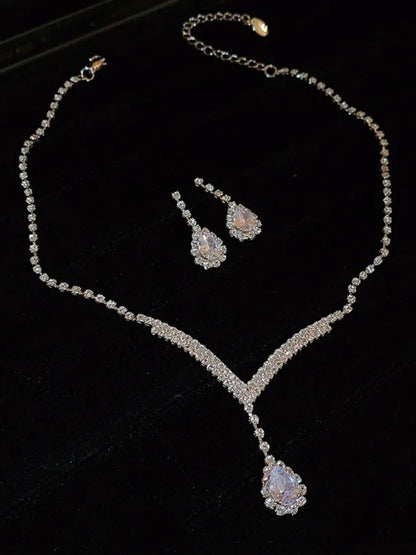 Crystal-Accented Waterdrop V-Shape Pendant Necklace & Stud Earrings 2-Piece Set