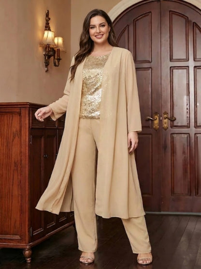 Chiffon Scoop 3/4 Sleeves 3 Pieces Plus Size Pantsuits with Sequins & Jacket