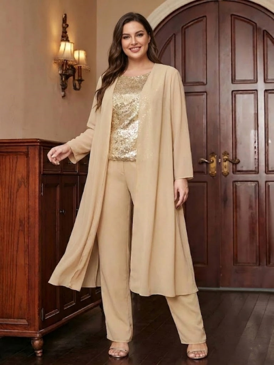 Chiffon Scoop 3/4 Sleeves 3 Pieces Plus Size Pantsuits with Sequins & Jacket