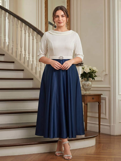 A-Line/Princess High Neck Half Sleeves Plus Size Mother of the Bride Dresses with Rhinestones