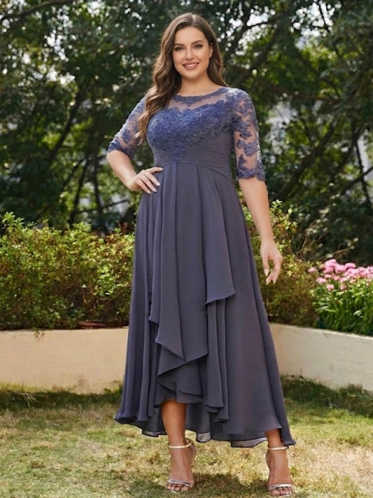 A-Line/Princess Sheer Neck Half Sleeves Long Plus Size Evening Dresses with Appliques