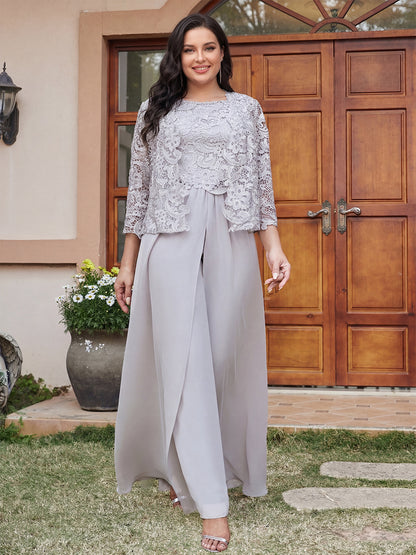 Lace Chiffon Square Neck 3/4 Sleeves 3 Pieces Plus Size Pantsuits with Appliques & Jacket