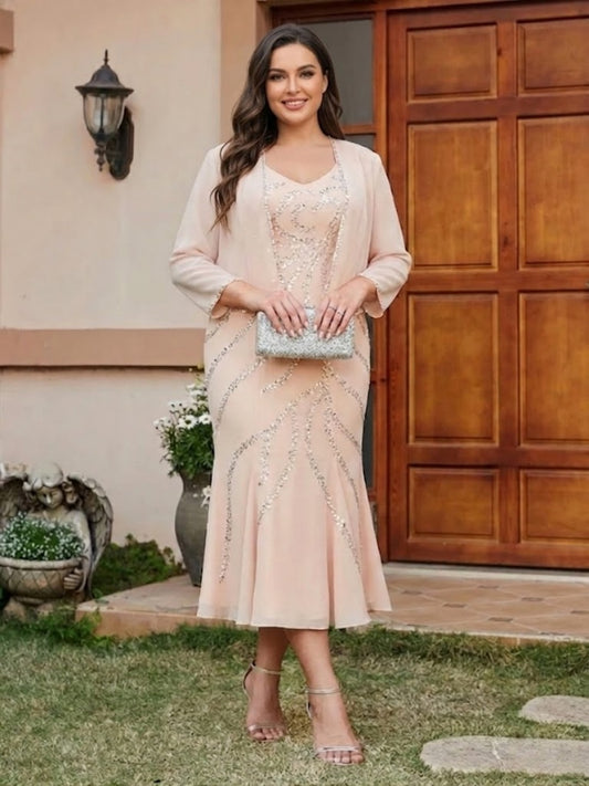 Sheath/Column V-Neck 3/4 Sleeves Long Plus Size Evening Dresses with Sequins & Jacket