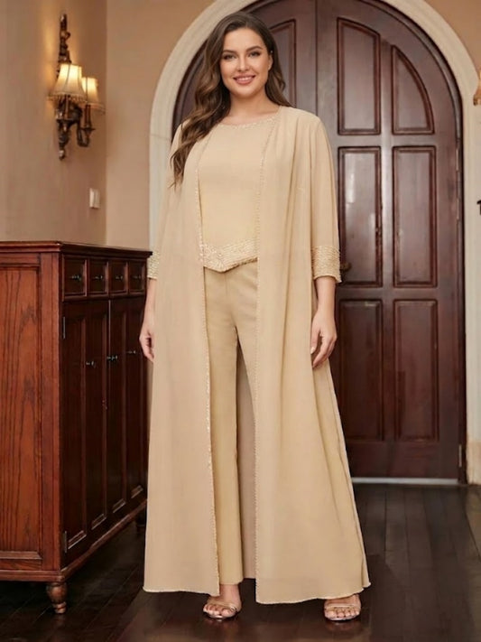 Chiffon Scoop 3/4 Sleeves 3 Pieces Plus Size Pantsuits with Sequins & Jacket