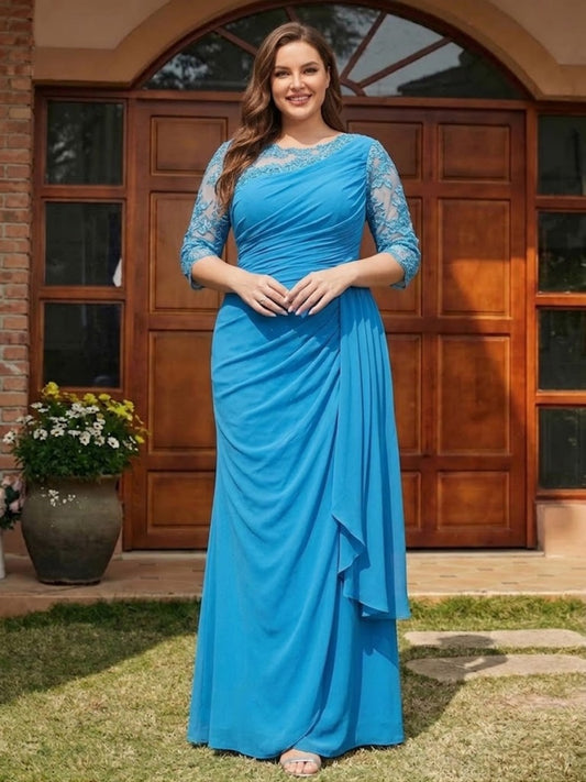 Sheath/Column Scoop Half Sleeves Long Plus Size Evening Dresses with Appliques