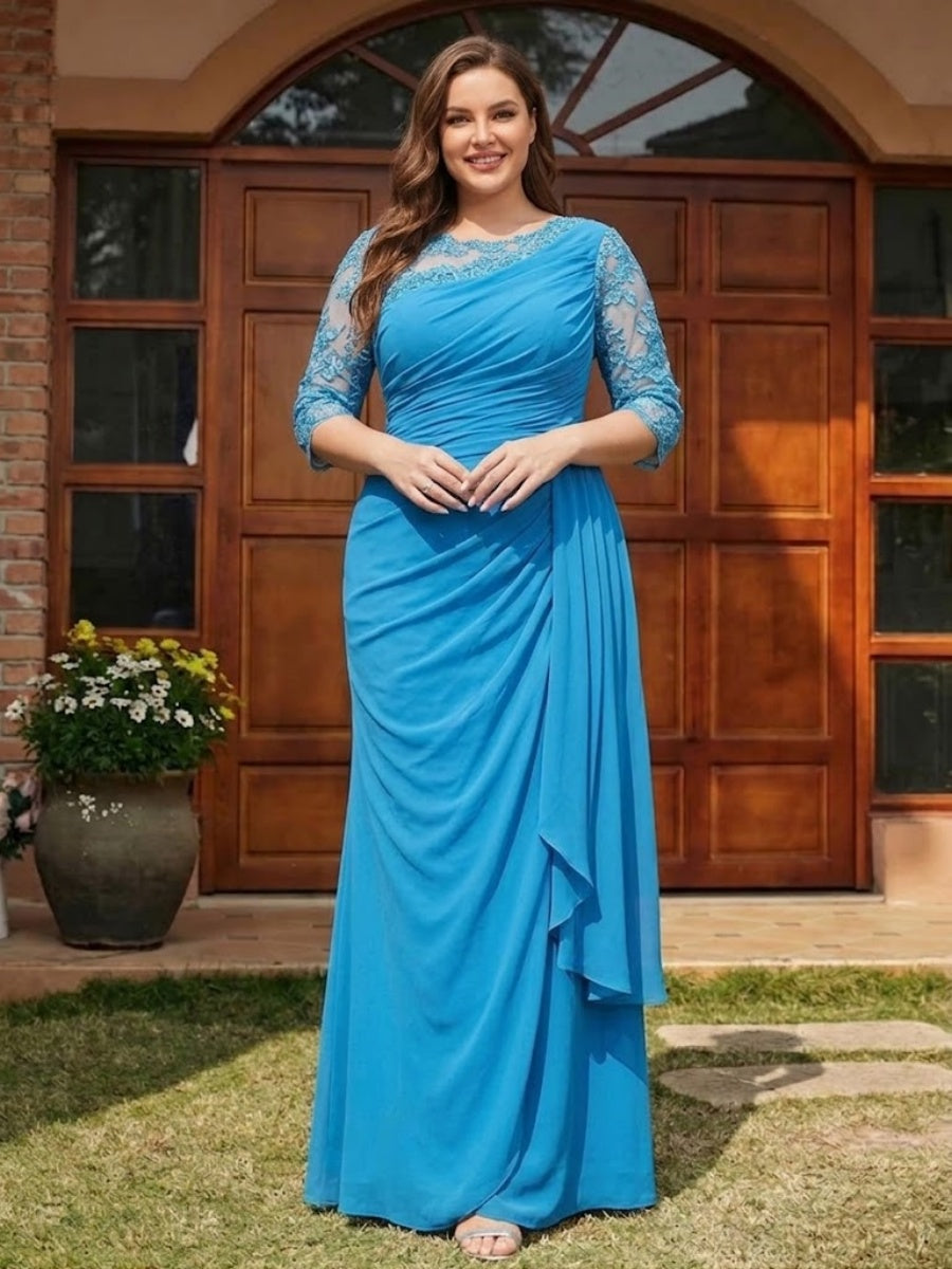 Sheath/Column Scoop Half Sleeves Long Plus Size Evening Dresses with Appliques