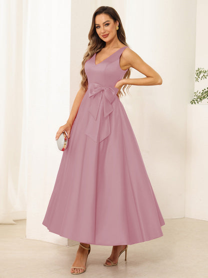 A-Line/Princess V Neck Sleeveless Long Evening Dresses with Bow Knot