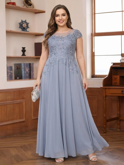 A-Line/Princess Scoop Short Sleeves Chiffon Plus Size Mother of the Bride Dresses with Applique