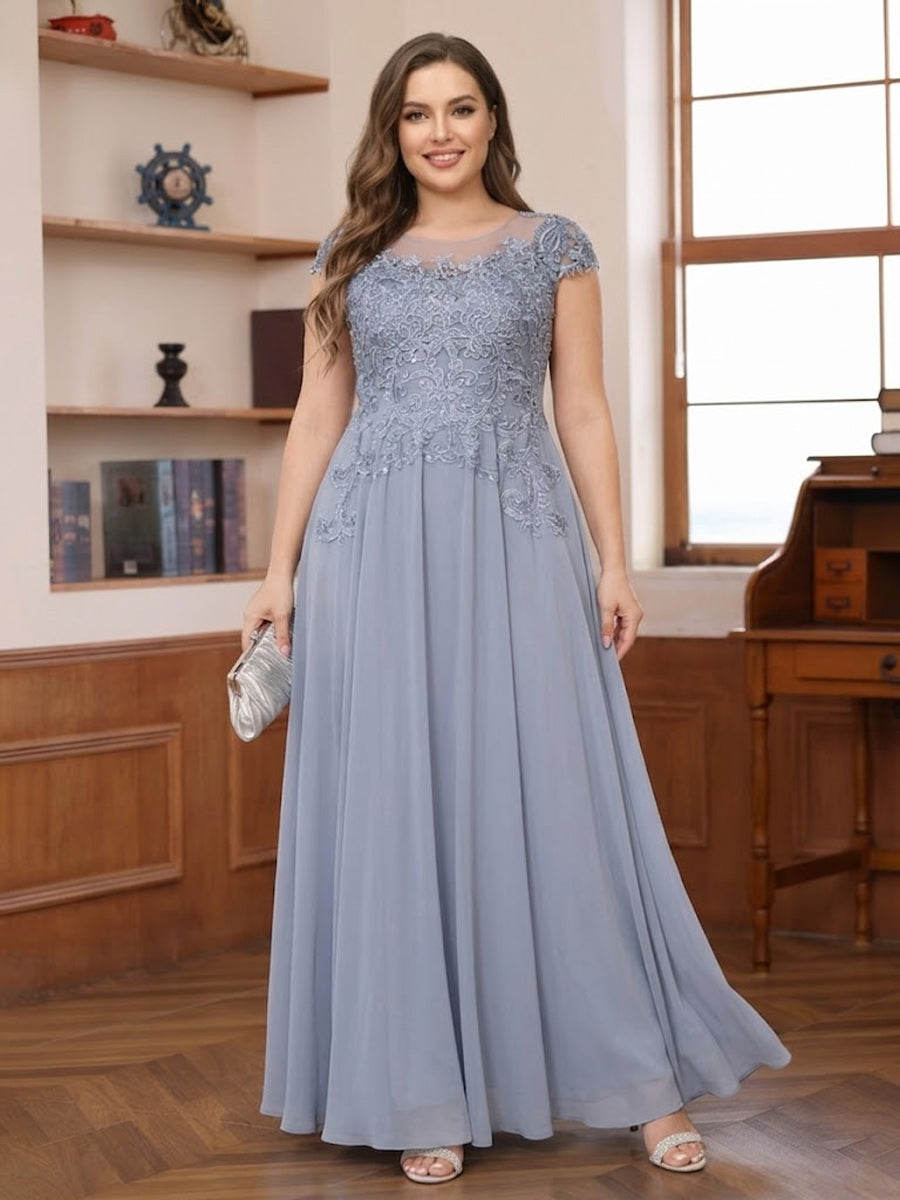 A-Line/Princess Scoop Short Sleeves Chiffon Plus Size Mother of the Bride Dresses with Applique