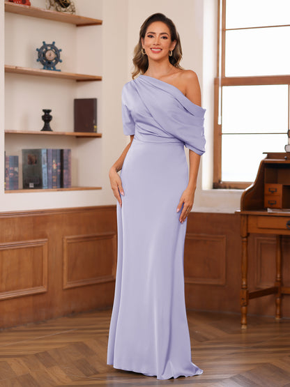 Sheath/Column One-Shoulder Short Sleeve Ruched Mother of the Bride Dresses
