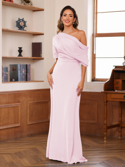 Sheath/Column One-Shoulder Short Sleeve Ruched Mother of the Bride Dresses