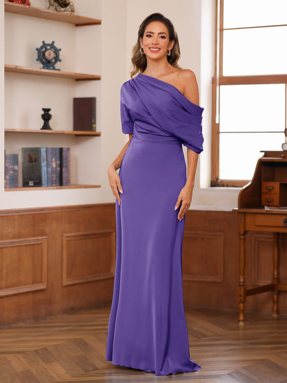 Sheath/Column One-Shoulder Short Sleeve Ruched Mother of the Bride Dresses