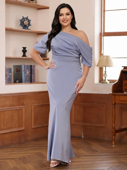 Sheath/Column One-Shoulder Short Sleeve Ruched Plus Size Mother of the Bride Dresses