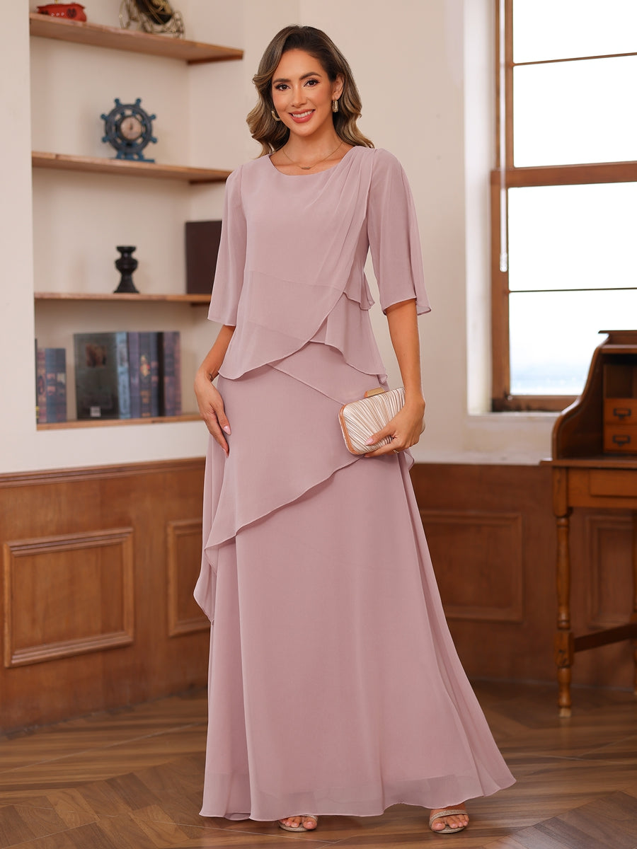 A-Line/Princess Scoop Short Sleeves Tiered Chiffon Mother of the Bride Dresses
