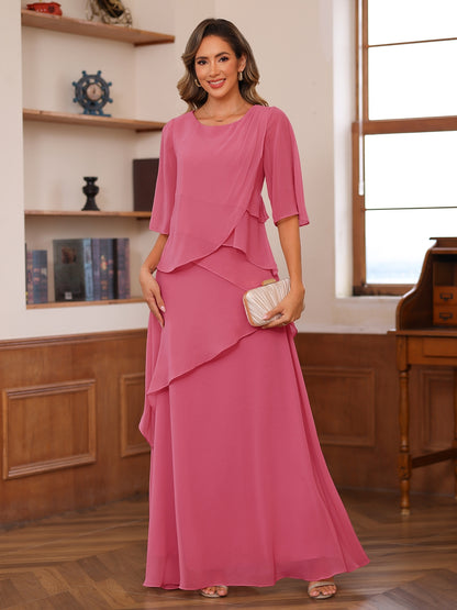A-Line/Princess Scoop Short Sleeves Tiered Chiffon Mother of the Bride Dresses