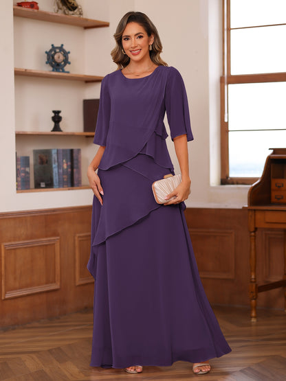 A-Line/Princess Scoop Short Sleeves Tiered Chiffon Mother of the Bride Dresses