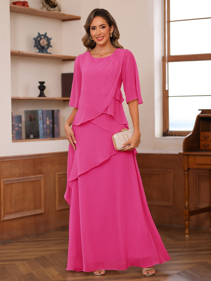 A-Line/Princess Scoop Short Sleeves Tiered Chiffon Mother of the Bride Dresses