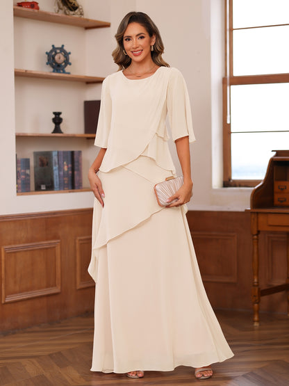 A-Line/Princess Scoop Short Sleeves Tiered Chiffon Mother of the Bride Dresses