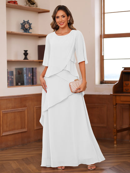 A-Line/Princess Scoop Short Sleeves Tiered Chiffon Mother of the Bride Dresses