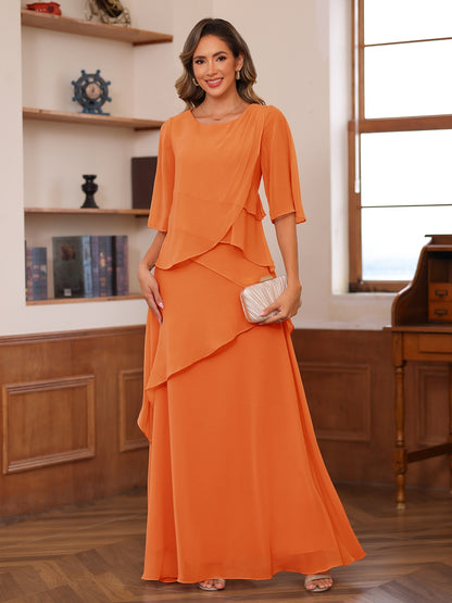 A-Line/Princess Scoop Short Sleeves Tiered Chiffon Mother of the Bride Dresses