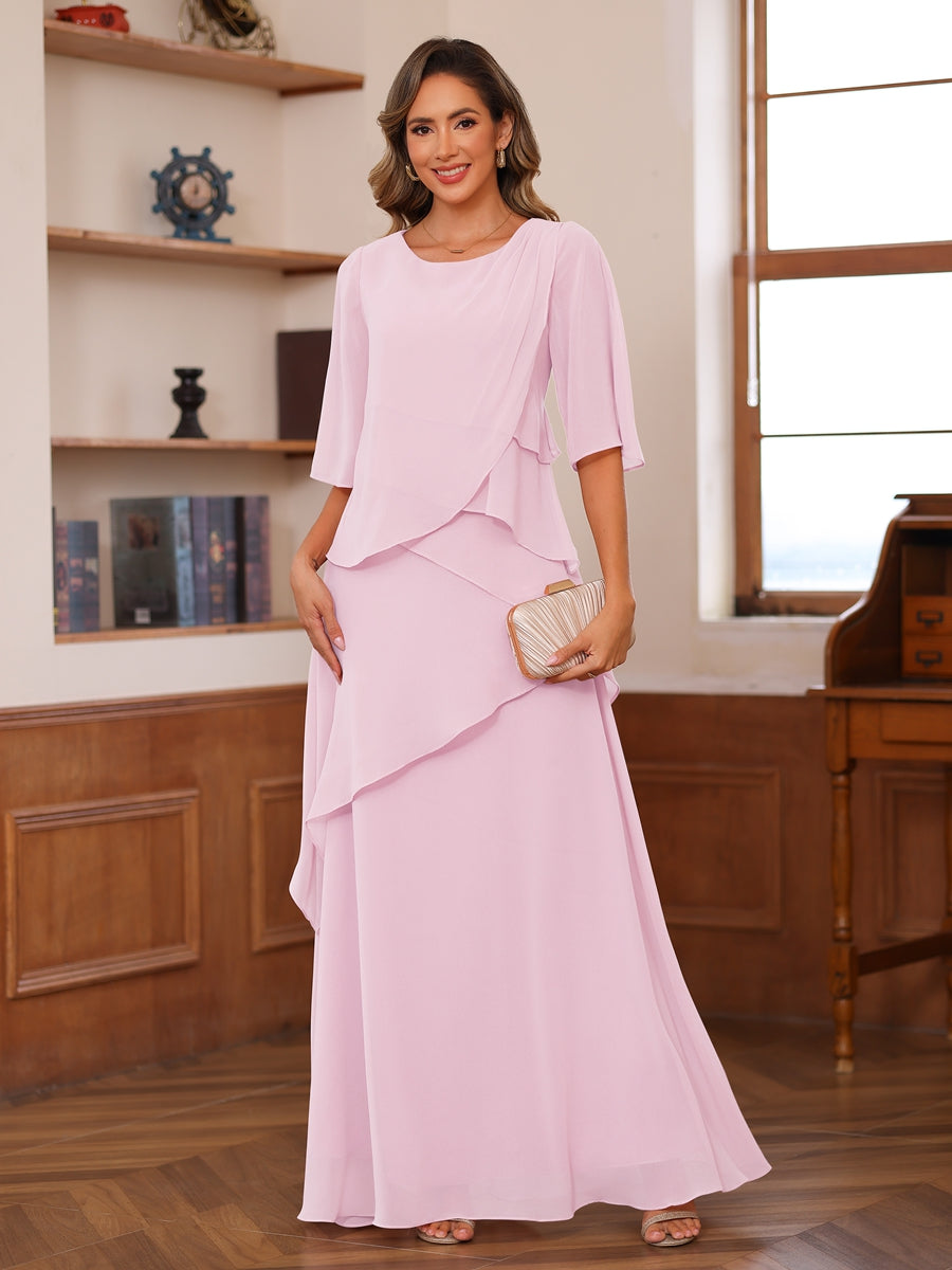 A-Line/Princess Scoop Short Sleeves Tiered Chiffon Mother of the Bride Dresses