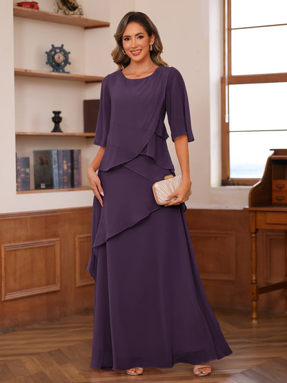 A-Line/Princess Scoop Short Sleeves Tiered Chiffon Mother of the Bride Dresses