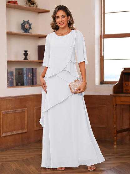 A-Line/Princess Scoop Short Sleeves Tiered Chiffon Mother of the Bride Dresses