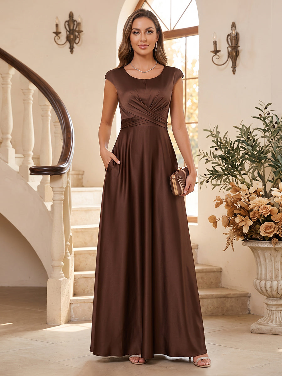 A-Line/Princess Scoop Cap Sleeves Ruched Mother of the Bride Dresses with Pockets