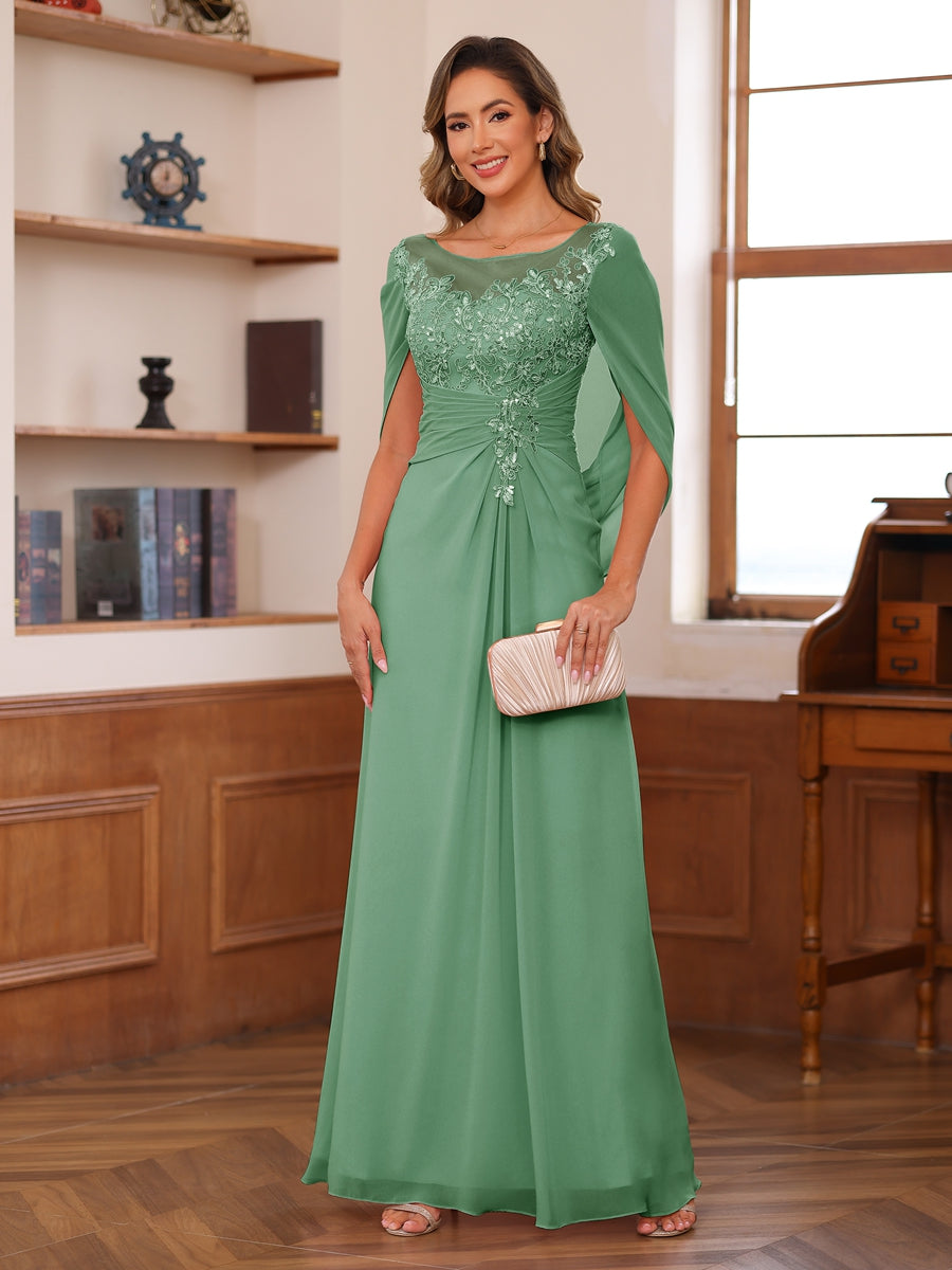 A-Line/Princess Illusion Scoop Appliques Ruched Mother of the Bride Dresses with Cape