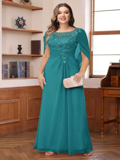 A-Line/Princess Illusion Scoop Appliques Ruched Plus Size Mother of the Bride Dresses with Cape