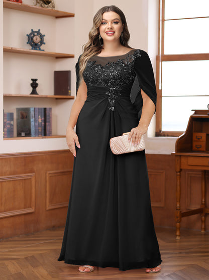 A-Line/Princess Illusion Scoop Appliques Ruched Plus Size Mother of the Bride Dresses with Cape