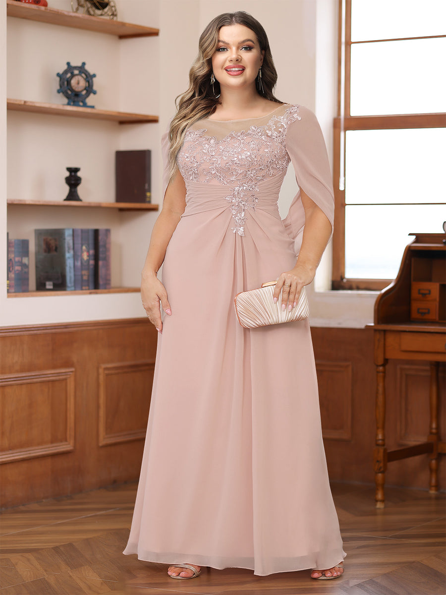 A-Line/Princess Illusion Scoop Appliques Ruched Plus Size Mother of the Bride Dresses with Cape