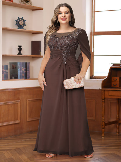 A-Line/Princess Illusion Scoop Appliques Ruched Plus Size Mother of the Bride Dresses with Cape