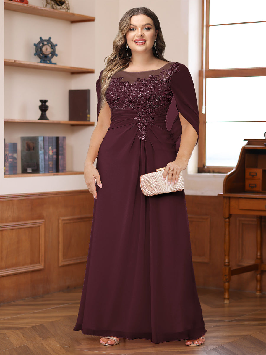 A-Line/Princess Illusion Scoop Appliques Ruched Plus Size Mother of the Bride Dresses with Cape